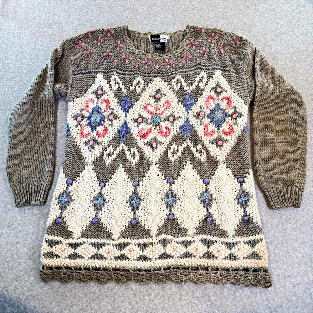 VTG 80s 90s Sweater Fair Isle Knit Large Gray Beige Pink Diamond Grandma Cottage